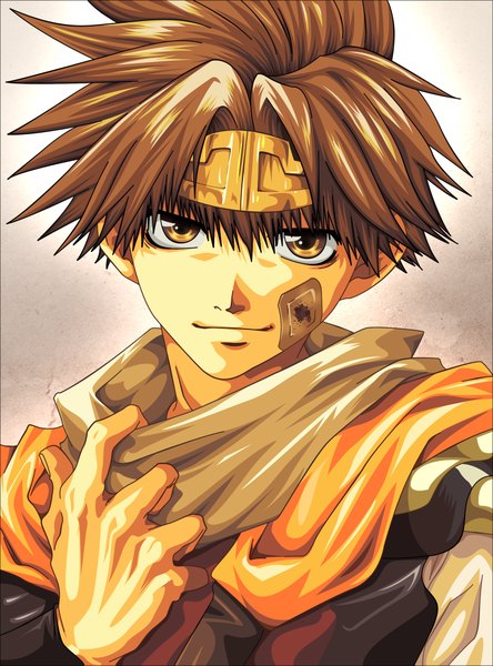 Anime picture 1500x2023 with saiyuki tagme (character) morrow single tall image looking at viewer short hair smile brown hair brown eyes smirk bandaid on face boy scarf bandaid