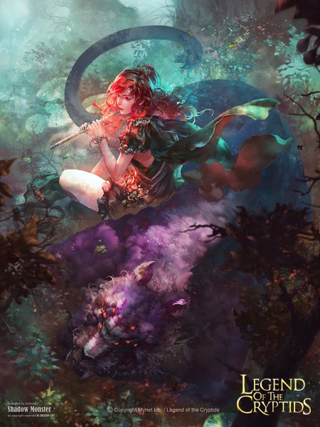 Anime picture 1000x1333 with legend of the cryptids antilous (anti) single long hair tall image fringe red eyes sitting looking away ponytail red hair nail polish bare legs short sleeves copyright name lipstick watermark wavy hair red lipstick girl