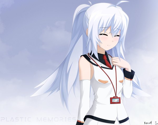 Anime picture 1000x788 with plastic memories isla (plastic memories) keenh single long hair blush fringe hair between eyes standing twintails bare shoulders signed payot sky silver hair cloud (clouds) upper body ahoge eyes closed head tilt