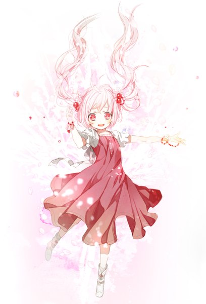 Anime picture 1020x1500 with vocaloid hatsune miku sakura miku tanakanata single long hair tall image open mouth simple background smile red eyes white background twintails hair flower girl dress hair ornament flower (flowers) bracelet red dress