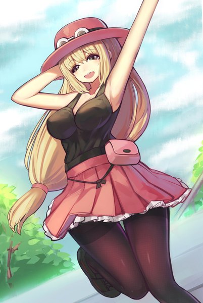 Anime picture 968x1444 with pokemon pokemon xy nintendo serena (pokemon) ririko (zhuoyandesailaer) single long hair tall image looking at viewer open mouth blue eyes blonde hair sky cloud (clouds) pleated skirt armpit (armpits) hand on head girl skirt plant (plants)