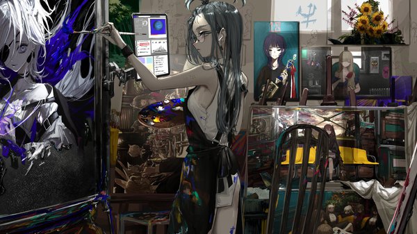 Anime-Bild 2747x1545 mit original narue single long hair highres wide image standing holding signed looking away indoors nail polish parted lips profile arm up grey hair grey eyes sleeveless piercing light