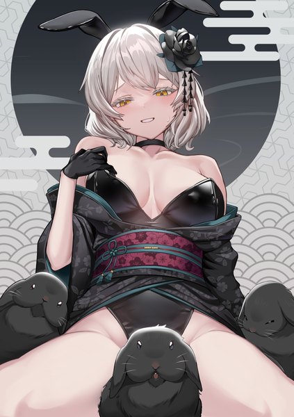 Anime picture 2885x4096 with original panamuru single tall image looking at viewer fringe highres short hair breasts light erotic smile large breasts sitting animal ears yellow eyes cleavage silver hair traditional clothes japanese clothes hair flower