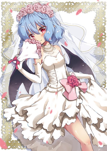 Anime picture 1158x1637 with touhou remilia scarlet beni kurage single tall image looking at viewer blush fringe short hair smile hair between eyes red eyes bare shoulders holding blue hair pointy ears sleeveless girl dress gloves