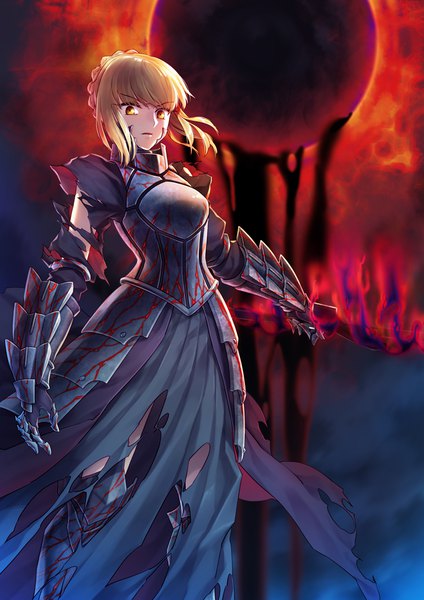 Anime picture 700x990 with fate (series) fate/grand order fate/stay night artoria pendragon (all) saber saber alter bborong single tall image looking at viewer fringe short hair blonde hair hair between eyes standing holding yellow eyes parted lips torn clothes girl