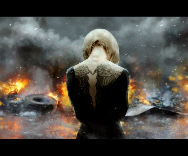 Anime picture 1200x1000 with original nanfe single blush short hair blonde hair realistic tattoo back looking down letterboxed smoke destruction girl dress black dress fire