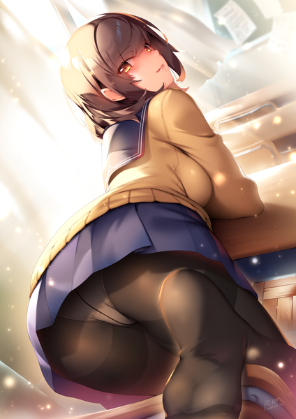 Anime picture 3500x4950 with original ryuji (ikeriu) single tall image looking at viewer blush fringe highres short hair light erotic smile brown hair brown eyes signed absurdres ass indoors parted lips looking back from above