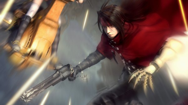 Anime picture 1920x1080 with final fantasy final fantasy vii square enix vincent valentine long hair highres red eyes brown hair wide image battle gun cloak robot