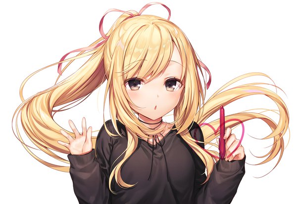 Anime picture 2064x1418 with original komeshiro kasu single long hair looking at viewer blush fringe highres open mouth blonde hair simple background hair between eyes white background holding brown eyes payot upper body ponytail girl ribbon (ribbons)