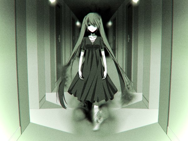 Аниме картинка 1536x1152 с вокалоид хацунэ мику ko-on (ningen zoo) один (одна) длинные волосы смотрит на зрителя два хвостика волосы цвета морской волны призрак девушка платье чёрное платье