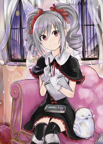 Anime picture 1000x1398 with idolmaster cinderella girls kanzaki ranko nerotarou@seven single tall image looking at viewer short hair smile red eyes sitting twintails silver hair drill hair short twintails writing girl thighhighs gloves ribbon (ribbons) hair ribbon