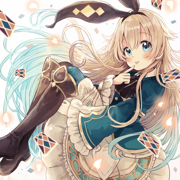 Anime picture 2000x2000 with grimms notes square enix alice (grimms notes) sakura oriko single long hair looking at viewer blush fringe highres blue eyes blonde hair hair between eyes white background full body bent knee (knees) multicolored hair aqua hair wide sleeves two-tone hair