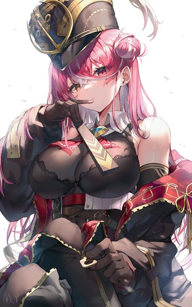 Anime picture 1300x2081 with virtual youtuber hololive houshou marine houshou marine (marching band) myung yi single long hair tall image looking at viewer blush fringe breasts light erotic simple background hair between eyes red eyes large breasts white background sitting signed