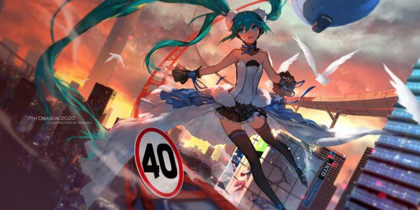 Anime picture 4724x2362 with 7th dragon 7th dragon 2020 vocaloid hatsune miku swd3e2 single fringe highres open mouth hair between eyes wide image twintails signed looking away absurdres sky very long hair aqua eyes aqua hair copyright name