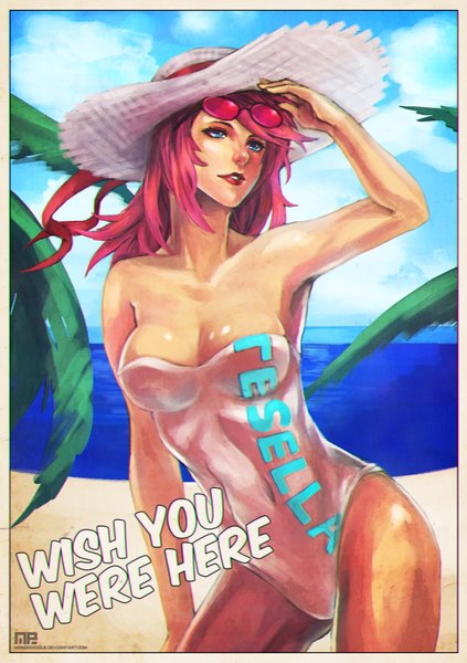 Anime picture 2475x3508 with original monori rogue single long hair tall image highres breasts blue eyes light erotic bare shoulders pink hair lips girl swimsuit hat one-piece swimsuit sunglasses