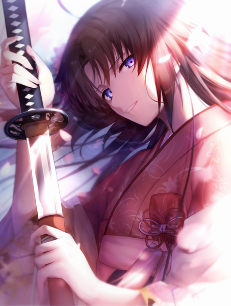 Anime picture 2333x3086 with kara no kyoukai type-moon ryougi shiki okakasushi single long hair tall image looking at viewer fringe highres blue eyes black hair holding payot upper body ahoge lying traditional clothes japanese clothes light smile