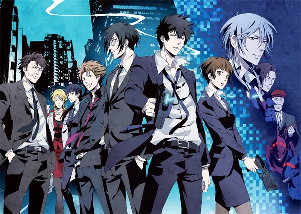 Anime picture 1309x930 with psycho-pass production i.g kougami shin'ya tsunemori akane nobuchika ginoza shougo makishima shuusei kagari yayoi kunizuka tomomi masaoka shion karanomori choe gu-sung senguuji toyohisa raibura long hair looking at viewer short hair open mouth blue eyes black hair blonde hair