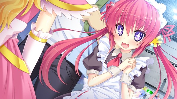Anime picture 2560x1440 with otama! otemachi momiji long hair blush highres open mouth wide image purple eyes twintails pink hair game cg maid loli girl headdress maid headdress