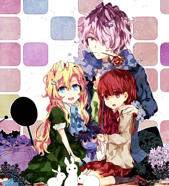 Anime picture 1000x1096 with ib (game) garry (ib) ib (ib) mary (ib) long hair tall image fringe short hair open mouth blue eyes blonde hair red eyes brown hair multiple girls purple hair hair over one eye girl boy 2 girls rose (roses)