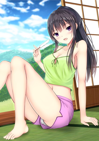 Anime picture 1447x2046 with original kurokami (kurokaminohito) single long hair tall image looking at viewer blush breasts open mouth light erotic black hair smile sitting purple eyes holding payot sky cleavage cloud (clouds) bent knee (knees)