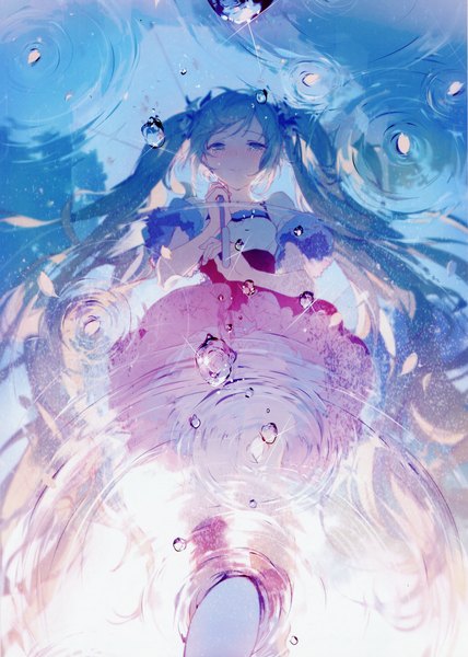 Anime picture 2046x2870 with vocaloid hatsune miku rella single long hair tall image looking at viewer blush highres blue eyes smile twintails holding blue hair scan short sleeves alternate costume tears looking down reflection