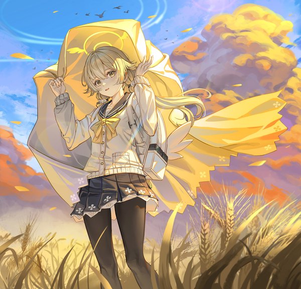 Anime picture 2250x2160 with blue archive hifumi (blue archive) al guang single long hair fringe highres blonde hair hair between eyes twintails yellow eyes sky cloud (clouds) outdoors wind low twintails girl pantyhose black pantyhose halo