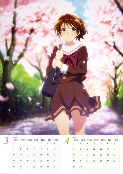 Anime picture 4968x7033 with hibike! euphonium kyoto animation oumae kumiko single tall image looking at viewer highres short hair brown hair brown eyes absurdres ponytail depth of field cherry blossoms calendar 2018 girl uniform serafuku school bag calendar