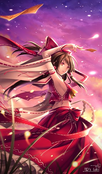 Anime picture 589x1000 with touhou hakurei reimu tidsean single long hair tall image red eyes brown hair sky cloud (clouds) traditional clothes miko girl skirt bow plant (plants) hair bow detached sleeves grass skirt set