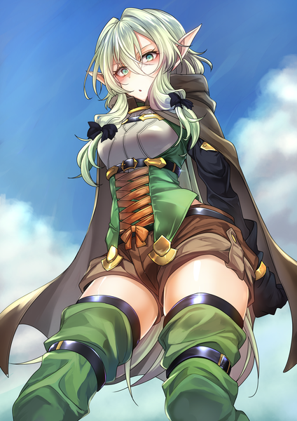 Anime picture 2894x4093 with goblin slayer! high elf archer (goblin slayer!) butano (star-dust boxxx) single long hair tall image looking at viewer blush fringe highres breasts hair between eyes standing green eyes payot sky cloud (clouds) green hair pointy ears from below