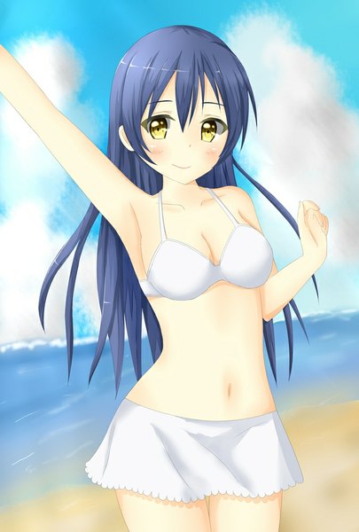 Anime picture 675x1000 with love live! school idol project sunrise (studio) love live! sonoda umi tear yu single long hair tall image looking at viewer blush fringe breasts smile yellow eyes blue hair sky cloud (clouds) armpit (armpits) girl navel