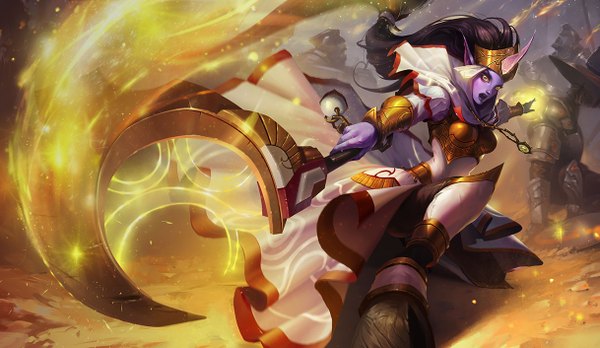 Anime picture 1217x706 with league of legends soraka (league of legends) long hair black hair wide image yellow eyes very long hair horn (horns) pointy ears magic girl dress weapon armor pendant fire