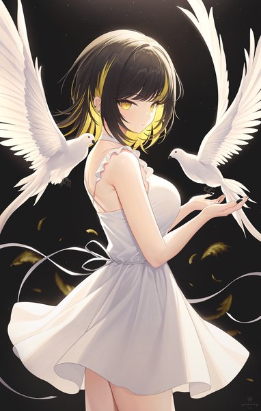 Anime picture 1911x3000 with idolmaster idolmaster shiny colors ikaruga luca snow is single tall image looking at viewer fringe highres short hair breasts black hair simple background yellow eyes blunt bangs nail polish multicolored hair fingernails two-tone hair streaked hair
