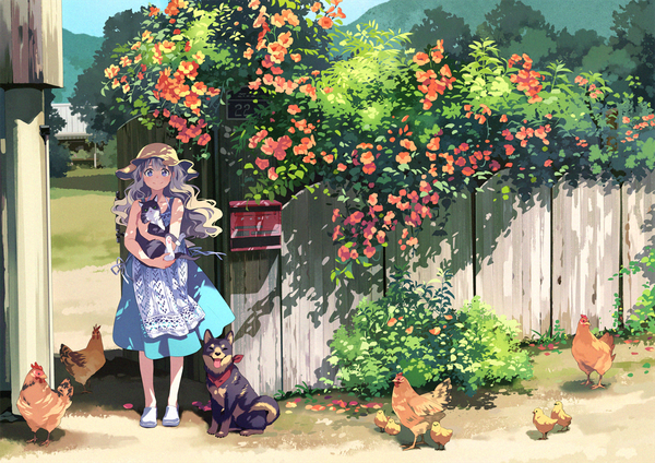 Anime picture 1240x877 with original bf. (sogogiching) single long hair looking at viewer blue eyes smile standing full body outdoors grey hair wavy hair shiba inu village girl flower (flowers) hat animal bird (birds) apron