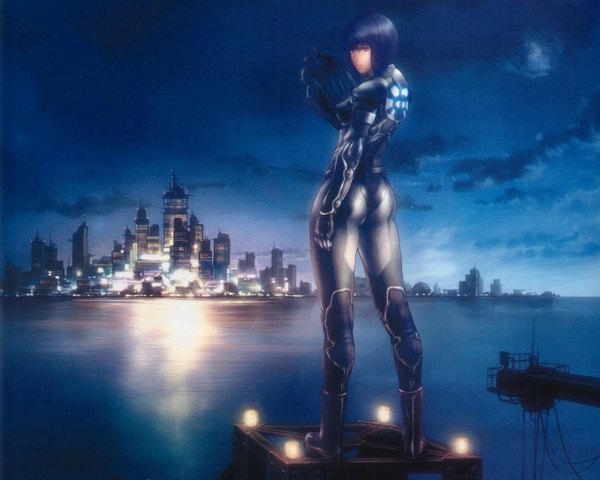 Anime picture 1280x1024 with ghost in the shell ghost in the shell: stand alone complex production i.g kusanagi motoko single looking at viewer short hair breasts red eyes standing sky purple hair cloud (clouds) full body ass looking back night night sky turning head city