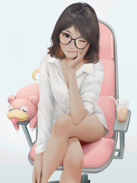 Anime picture 2700x3600 with pokemon nintendo real life ditta amelia saraswati slowpoke jubi (regiana) single long hair tall image looking at viewer highres breasts light erotic simple background smile brown hair sitting signed cleavage long sleeves