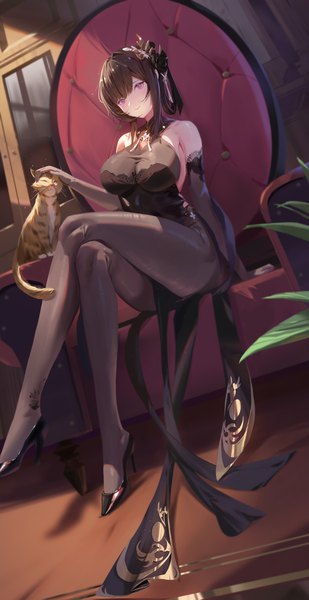 Anime picture 1200x2328 with azur lane chen hai (azur lane) chen hai (vestibule of wonders) (azur lane) dongfangzhong111 single tall image looking at viewer fringe short hair breasts light erotic black hair large breasts sitting purple eyes bare shoulders payot full body bent knee (knees) indoors