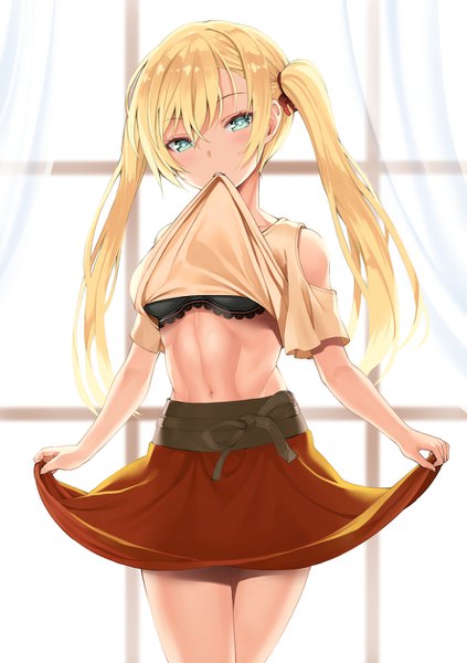 Anime picture 885x1254 with original murata taichi single long hair tall image looking at viewer blush fringe light erotic blonde hair hair between eyes standing twintails holding aqua eyes mouth hold muscle abs skirt hold girl