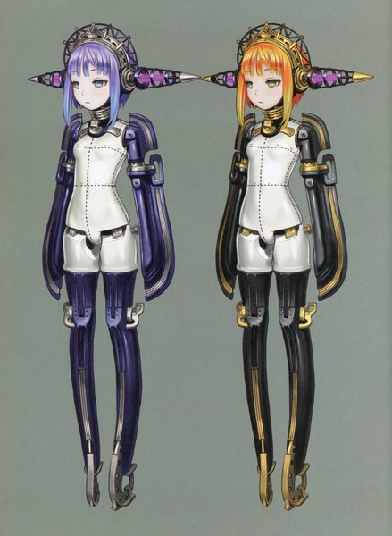 Anime picture 5092x6966 with futurelog (artbook) range murata tall image highres simple background multiple girls green eyes payot blue hair absurdres full body scan orange hair grey background gradient hair expressionless mecha musume robot joints girl 2 girls