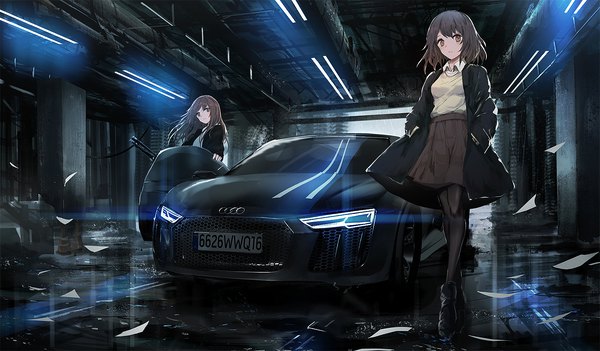 Anime picture 1500x878 with original audi swav long hair fringe short hair brown hair wide image standing multiple girls brown eyes indoors long sleeves open clothes open jacket city light reflection rain cityscape