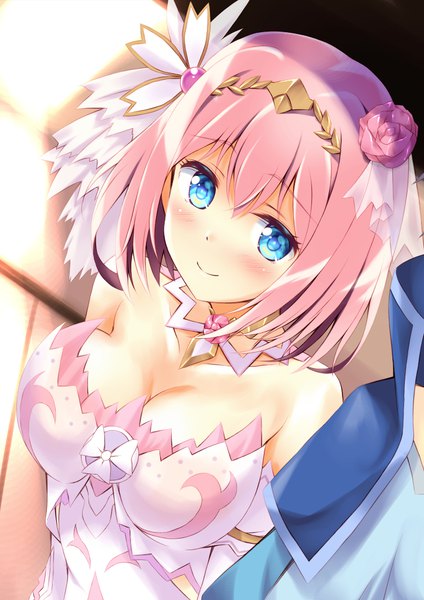 Anime picture 723x1024 with princess connect! re:dive princess connect! yuuki (princess connect!) yui (princess connect!) kouzuki hajime tall image looking at viewer blush fringe short hair breasts blue eyes light erotic smile hair between eyes large breasts standing bare shoulders pink hair cleavage