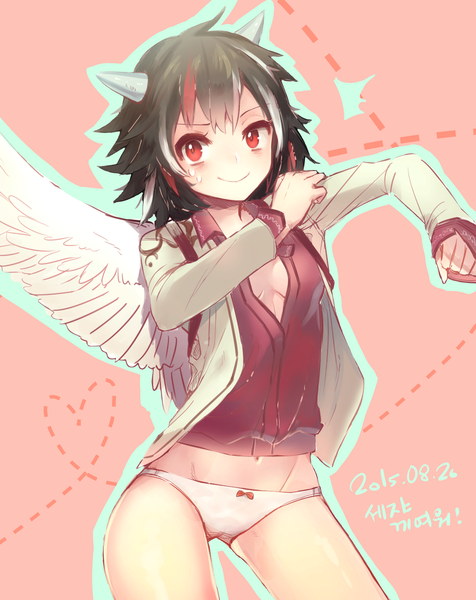 Anime picture 1023x1288 with touhou kijin seija kishin sagume keemoringo single tall image fringe short hair light erotic black hair simple background smile red eyes looking away cleavage multicolored hair horn (horns) bare belly streaked hair text