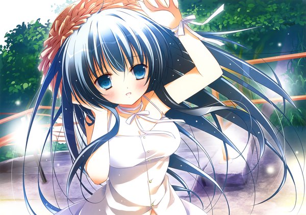 Anime-Bild 4603x3251 mit original eshi 100-nin ten natsuki coco single long hair blush highres blue eyes blue hair absurdres girl plant (plants) hat tree (trees) sundress