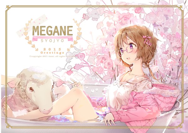 Anime picture 1744x1239 with original anmi single blush highres short hair open mouth brown hair purple eyes bare legs new year 2015 girl flower (flowers) animal glasses sheep