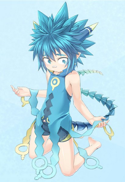 Anime picture 620x906 with summon night lyurm (summon night) ell single tall image blush short hair blue eyes simple background blue hair tail pointy ears blue background bandaid on nose boy navel bandaid clothes swimming trunks