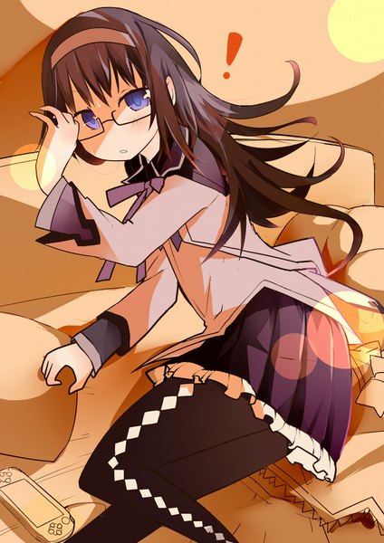 Anime picture 1414x2000 with mahou shoujo madoka magica shaft (studio) akemi homura single long hair tall image blush open mouth purple eyes lying reclining girl skirt pantyhose glasses hairband