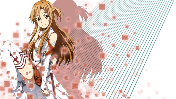 Anime picture 1920x1080 with sword art online a-1 pictures yuuki asuna single long hair looking at viewer fringe highres light erotic smile hair between eyes brown hair wide image white background bare shoulders brown eyes bent knee (knees) shadow wallpaper girl