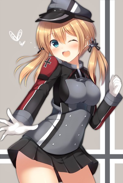 Anime picture 687x1023 with kantai collection prinz eugen (kantai collection) tomoo (tomo) long hair tall image blush open mouth blue eyes blonde hair twintails one eye closed wink girl skirt gloves miniskirt white gloves peaked cap