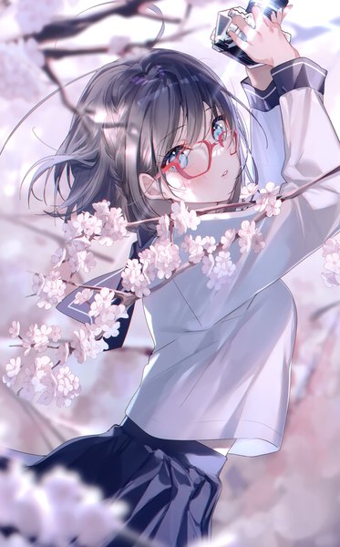 Anime picture 1871x3008 with original miwano rag single tall image looking at viewer blush fringe highres short hair blue eyes black hair hair between eyes standing holding outdoors long sleeves pleated skirt wind blurry scan