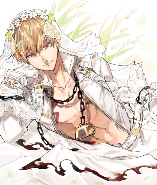 Anime picture 2724x3198 with fate (series) gilgamesh (fate) mayutsuba mono single tall image looking at viewer fringe highres short hair simple background blonde hair smile hair between eyes red eyes upper body light smile arm support open jacket tattoo reclining