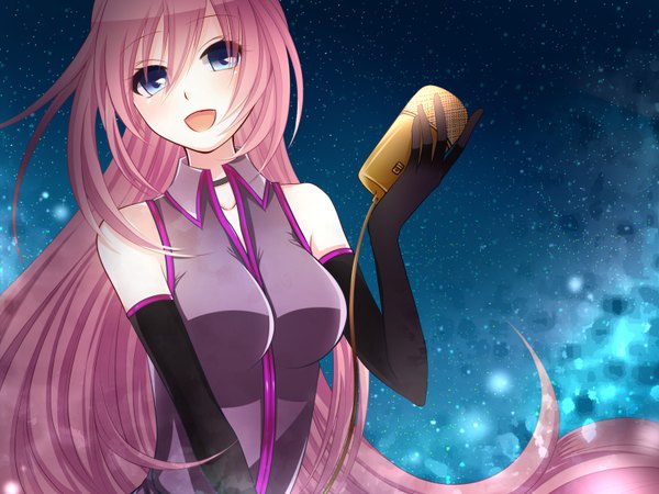 Anime picture 1600x1200 with vocaloid megurine luka heki kiri (artist) long hair open mouth blue eyes pink hair girl gloves elbow gloves microphone